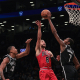 Nov 1, 2022; Brooklyn, New York, USA; Brooklyn Nets forward Kevin Durant (7) blocks a shot by Chicago Bulls guard Zach LaVine (8) during the second half at Barclays Center. Mandatory Credit: Vincent Carchietta-USA TODAY Sports