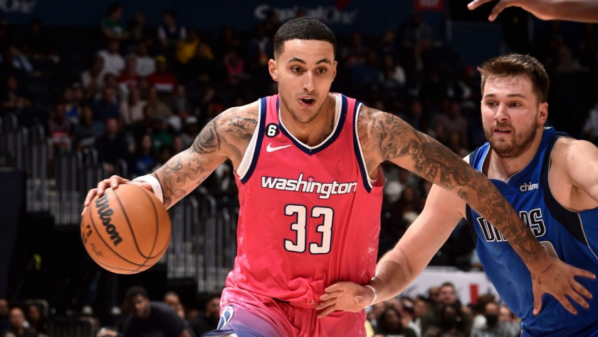 WASHINGTON, DC -  NOVEMBER 10: Kyle Kuzma #33 of the Washington Wizards drives to the basket during the game against the Dallas Mavericks on November 10, 2022 at Capital One Arena in Washington, DC. NOTE TO USER: User expressly acknowledges and agrees that, by downloading and or using this Photograph, user is consenting to the terms and conditions of the Getty Images License Agreement. Mandatory Copyright Notice: Copyright 2022 NBAE (Photo by David Dow/NBAE via Getty Images)